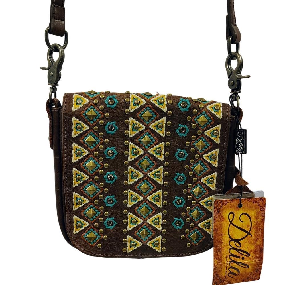 Delila Brown‎ Leather Southwestern Embroidered Studded Crossbody Bag NWT